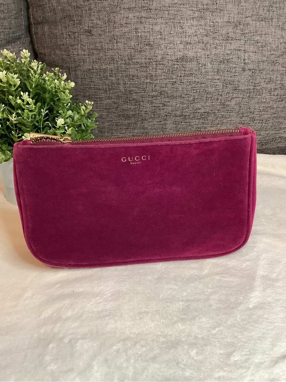 Gucci Velvet Cosmetic Pouch in Fuchsia Pink with Gold Hardware